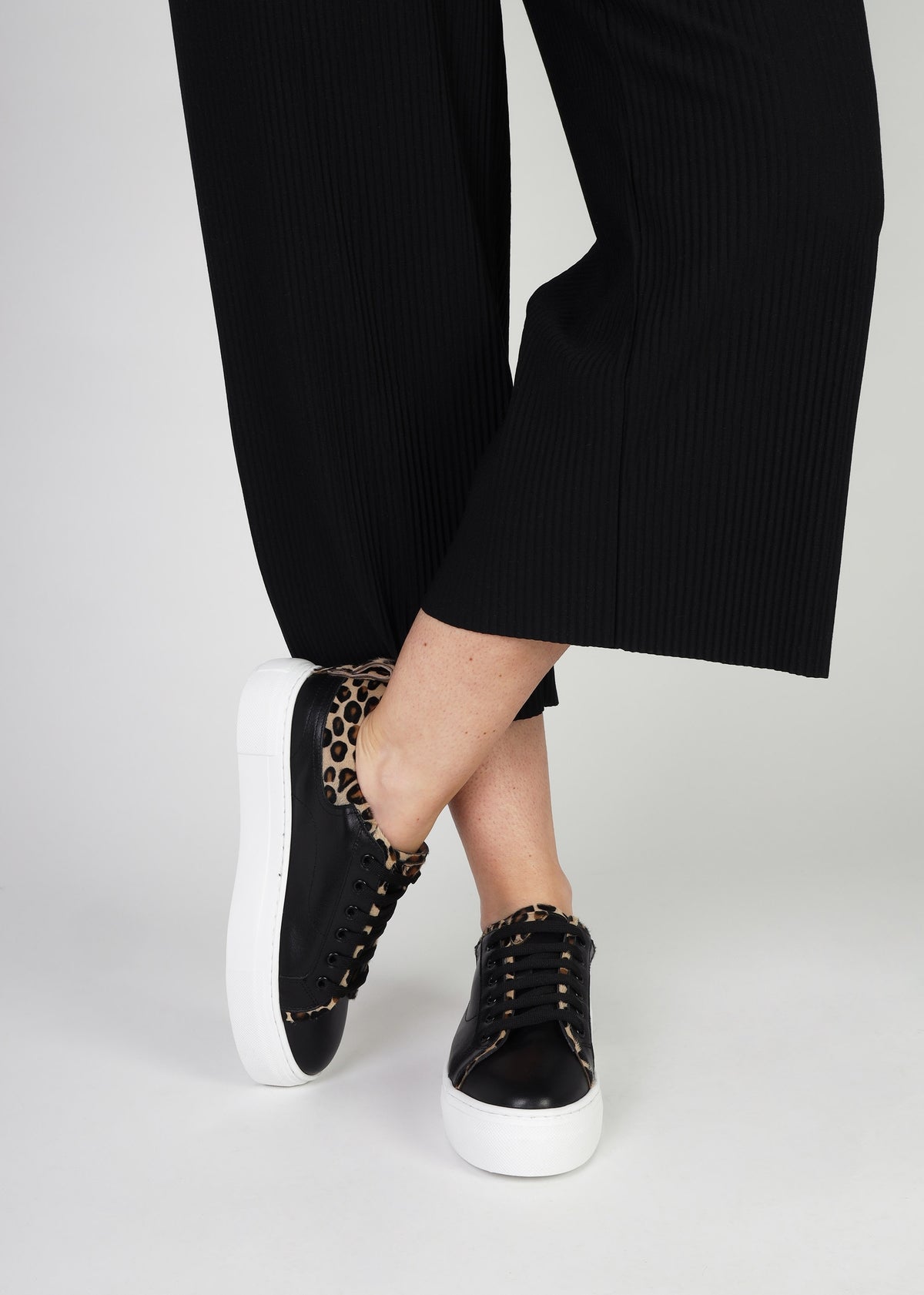 Panny Black Leather Leopard Trainers