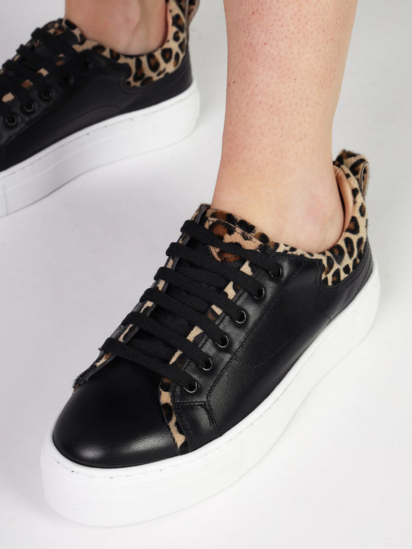 Panny Black Leather Leopard Trainers