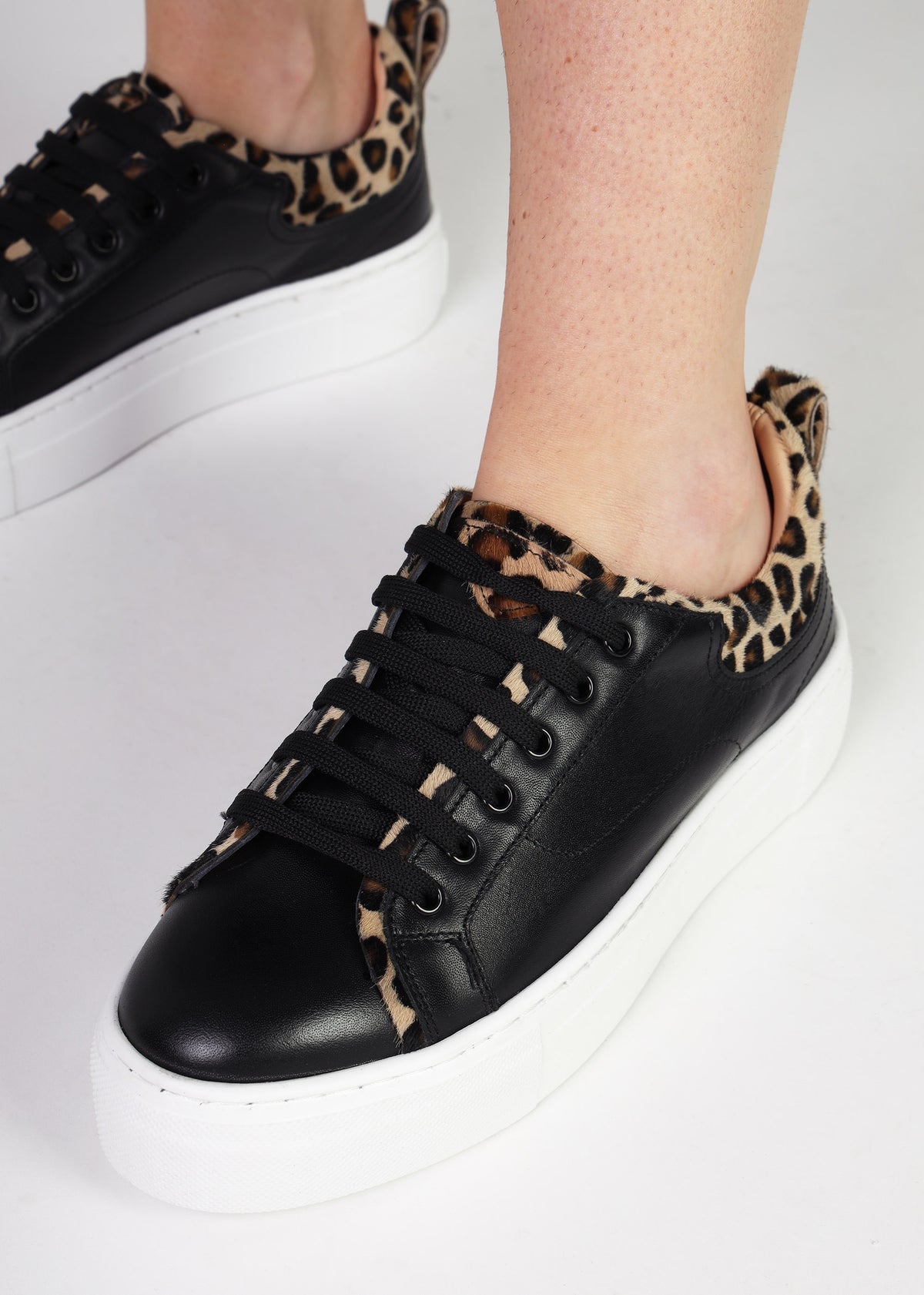 Panny Black Leather Leopard Trainers