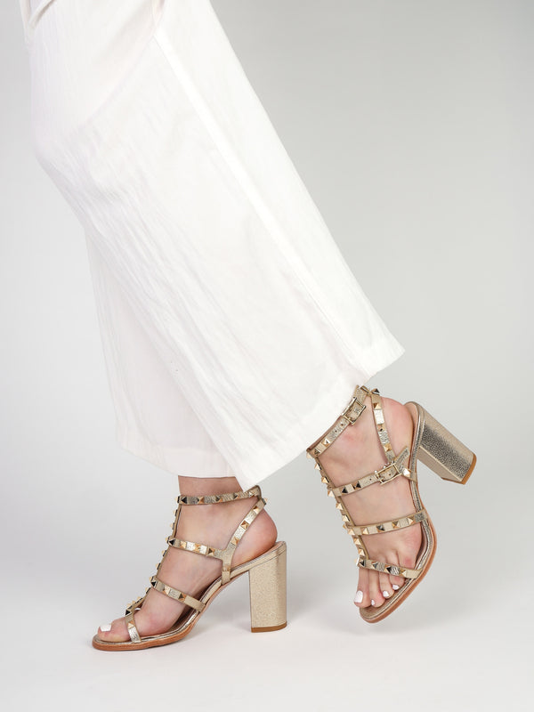Pitter Gold Leather Studded Block Heeled Sandals