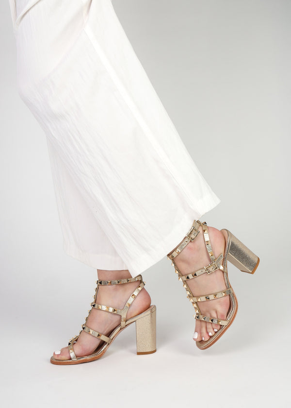 Pitter Gold Leather Studded Block Heeled Sandals