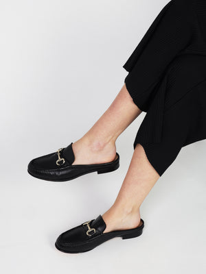 Pule Black Leather Backless Mule Loafers