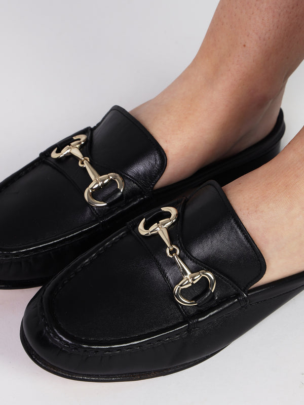 Pule Black Leather Backless Mule Loafers