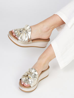 Robow Gold Leather Knot Top Mules