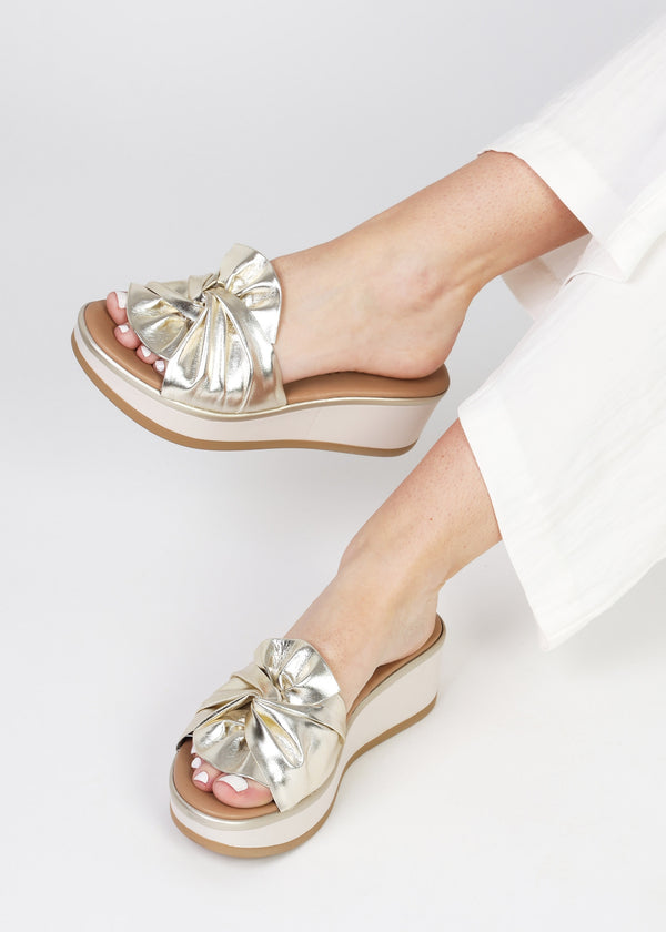 Robow Gold Leather Knot Top Mules