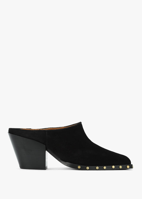 Antwerp Black Suede Western Stacked Heel Backless Mules