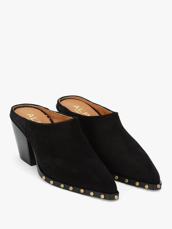 Antwerp Black Suede Western Stacked Heel Backless Mules