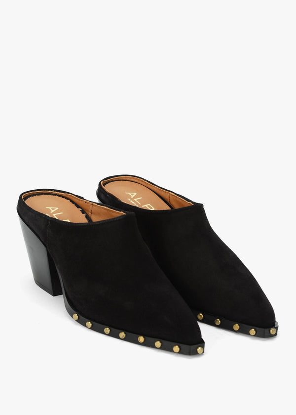Antwerp Black Suede Western Stacked Heel Backless Mules