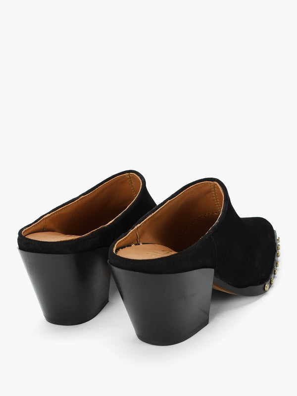Antwerp Black Suede Western Stacked Heel Backless Mules