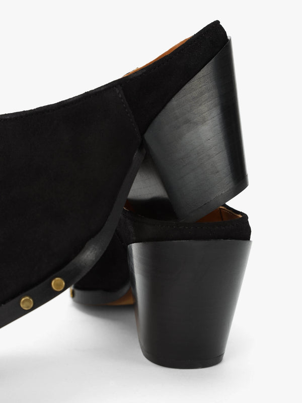 Antwerp Black Suede Western Stacked Heel Backless Mules