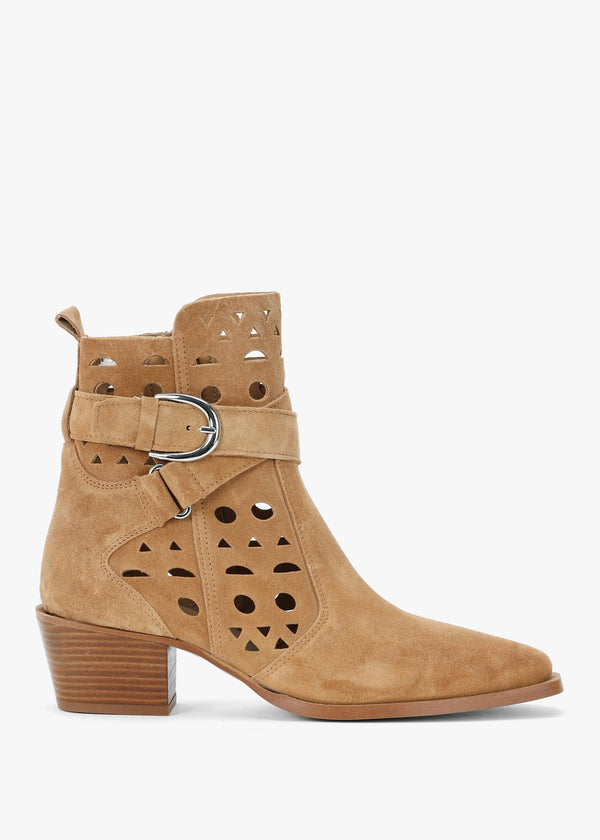 Apia Tan Suede Perforated Western Ankle Boots