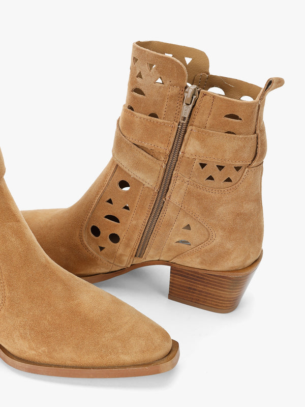 Apia Tan Suede Perforated Western Ankle Boots