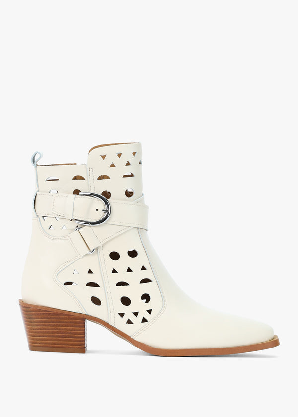 Apia Cream Leather Perforated Western Ankle Boots
