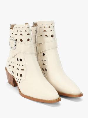 Apia Cream Leather Perforated Western Ankle Boots