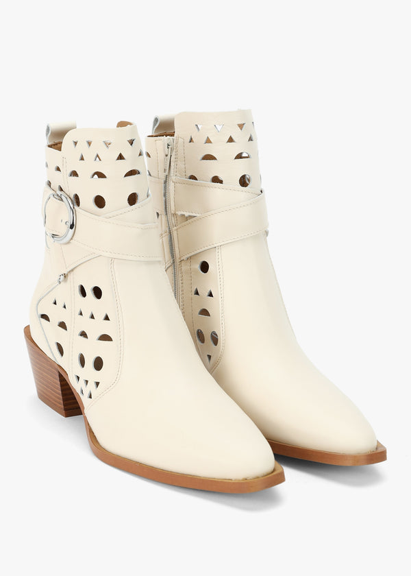 Apia Cream Leather Perforated Western Ankle Boots