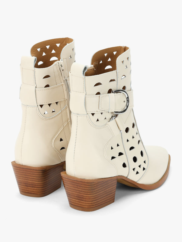 Apia Cream Leather Perforated Western Ankle Boots