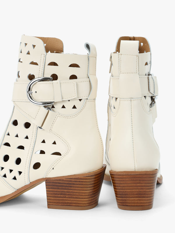 Apia Cream Leather Perforated Western Ankle Boots