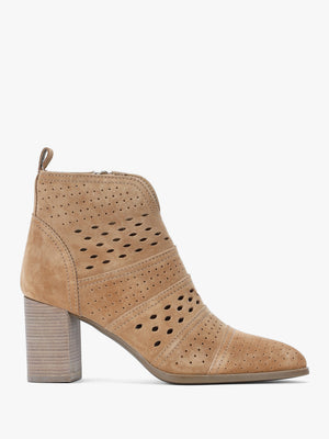 Austie Tan Suede Perforated Block Heel Ankle Boots