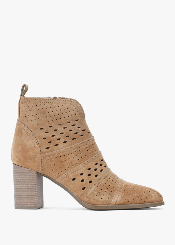 Austie Tan Suede Perforated Block Heel Ankle Boots