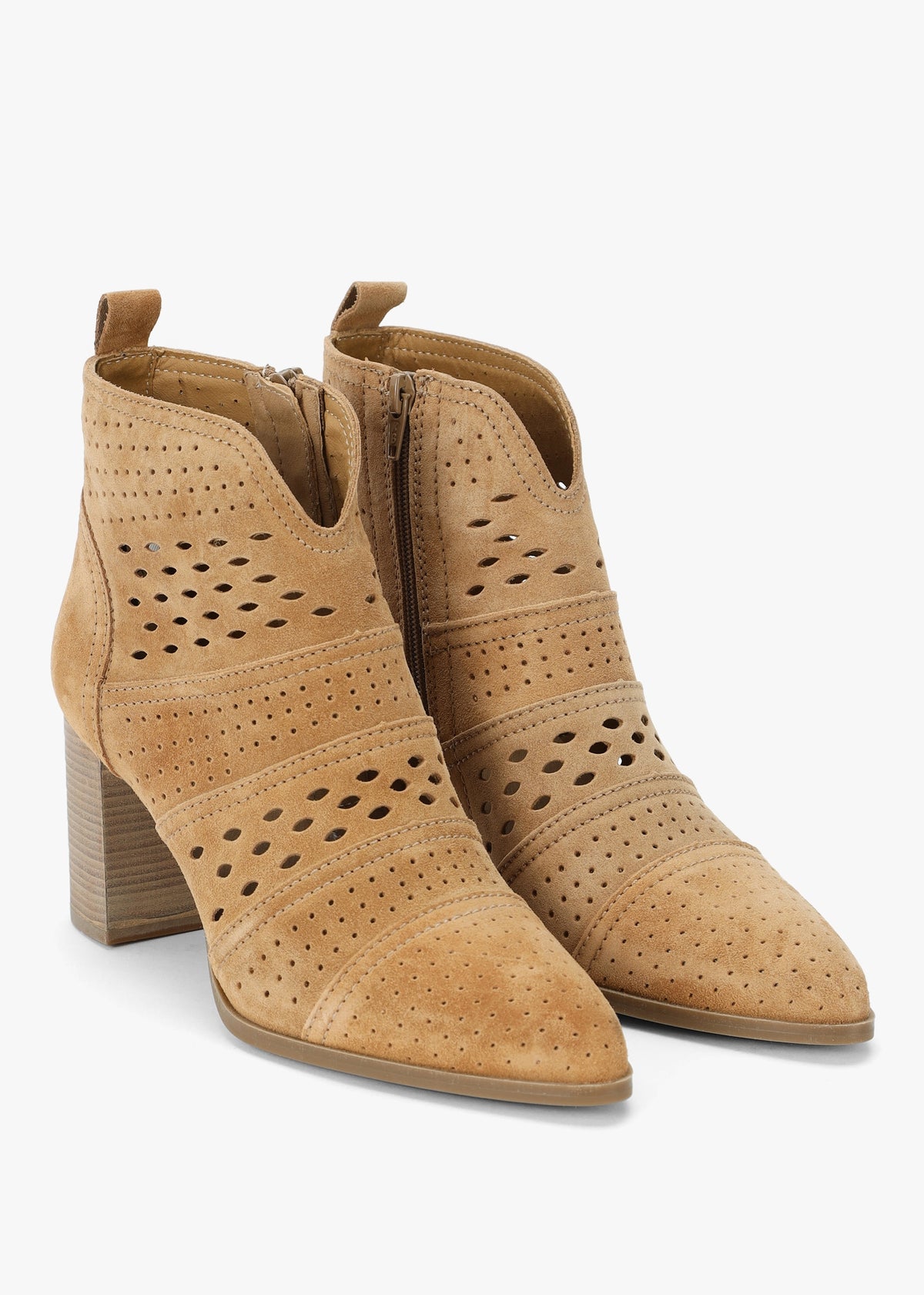 Austie Tan Suede Perforated Block Heel Ankle Boots
