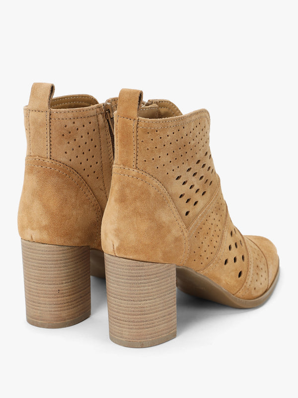 Austie Tan Suede Perforated Block Heel Ankle Boots