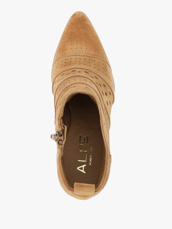 Austie Tan Suede Perforated Block Heel Ankle Boots