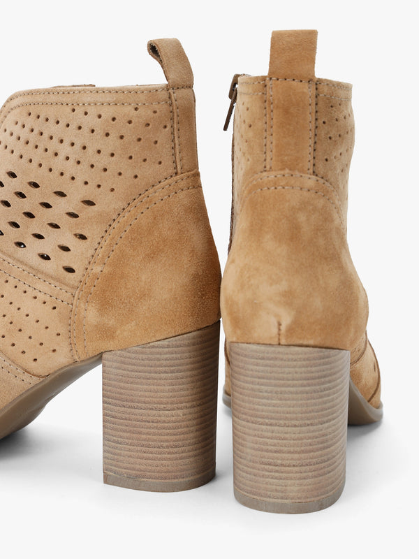 Austie Tan Suede Perforated Block Heel Ankle Boots