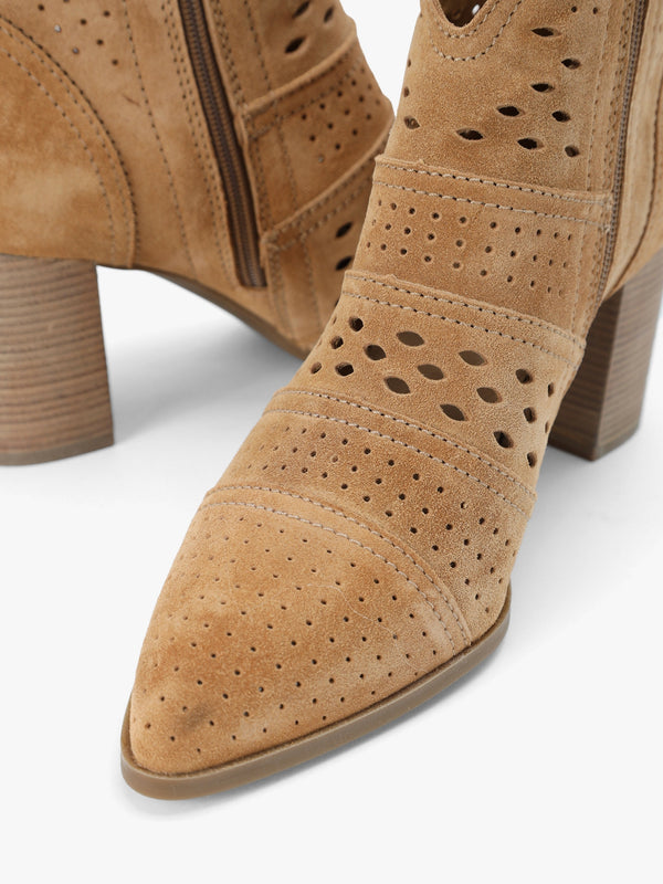 Austie Tan Suede Perforated Block Heel Ankle Boots