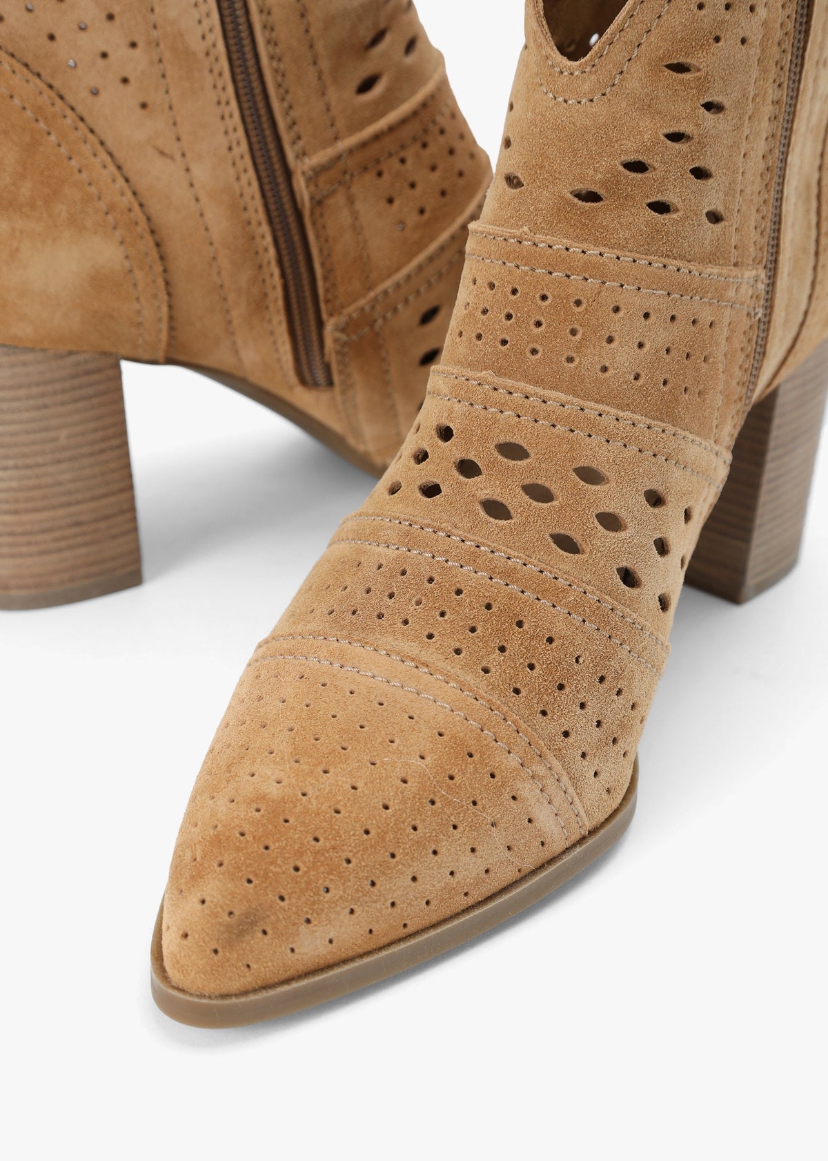 Austie Tan Suede Perforated Block Heel Ankle Boots