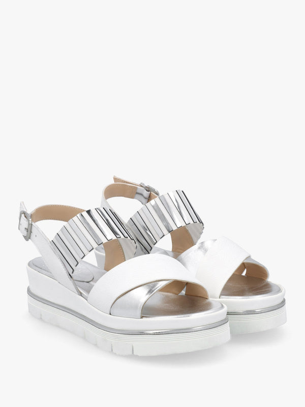 White Leather Metallic Strap Low Wedge Sandals