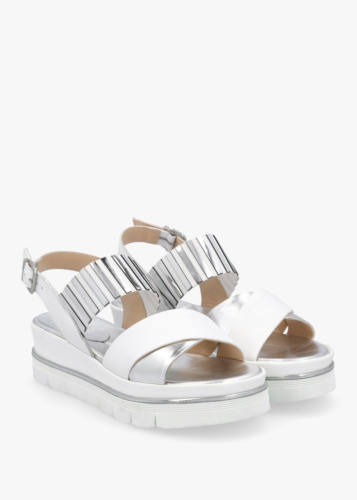 White Leather Metallic Strap Low Wedge Sandals