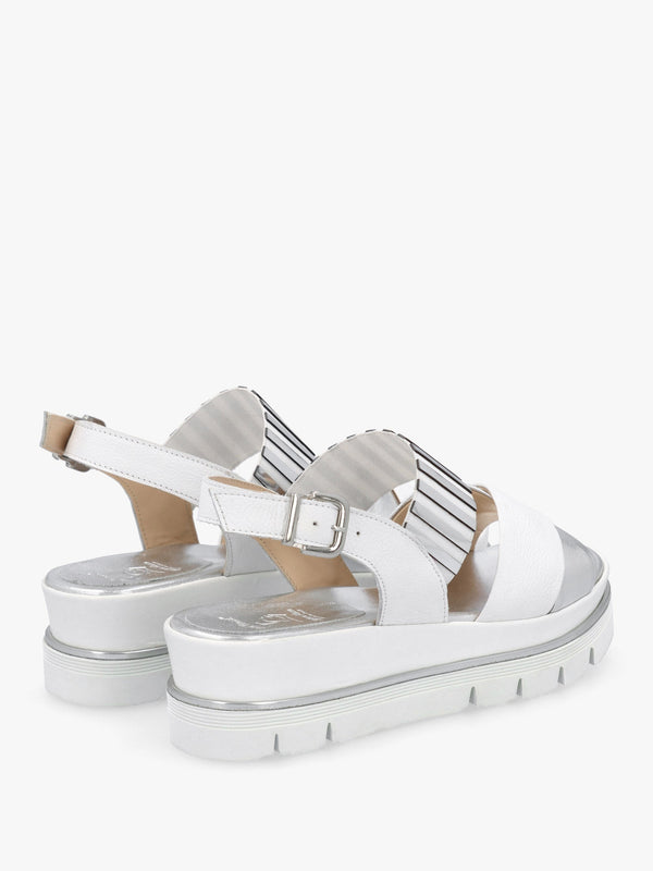 White Leather Metallic Strap Low Wedge Sandals