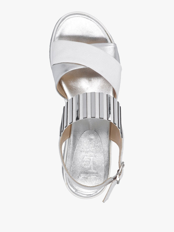 White Leather Metallic Strap Low Wedge Sandals