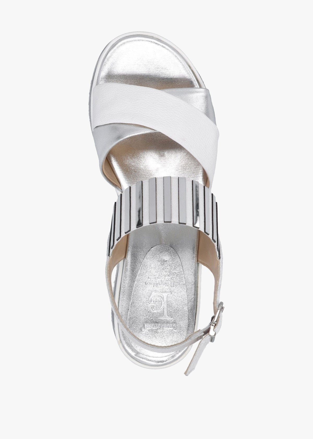 White Leather Metallic Strap Low Wedge Sandals