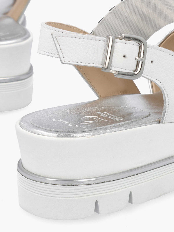 White Leather Metallic Strap Low Wedge Sandals