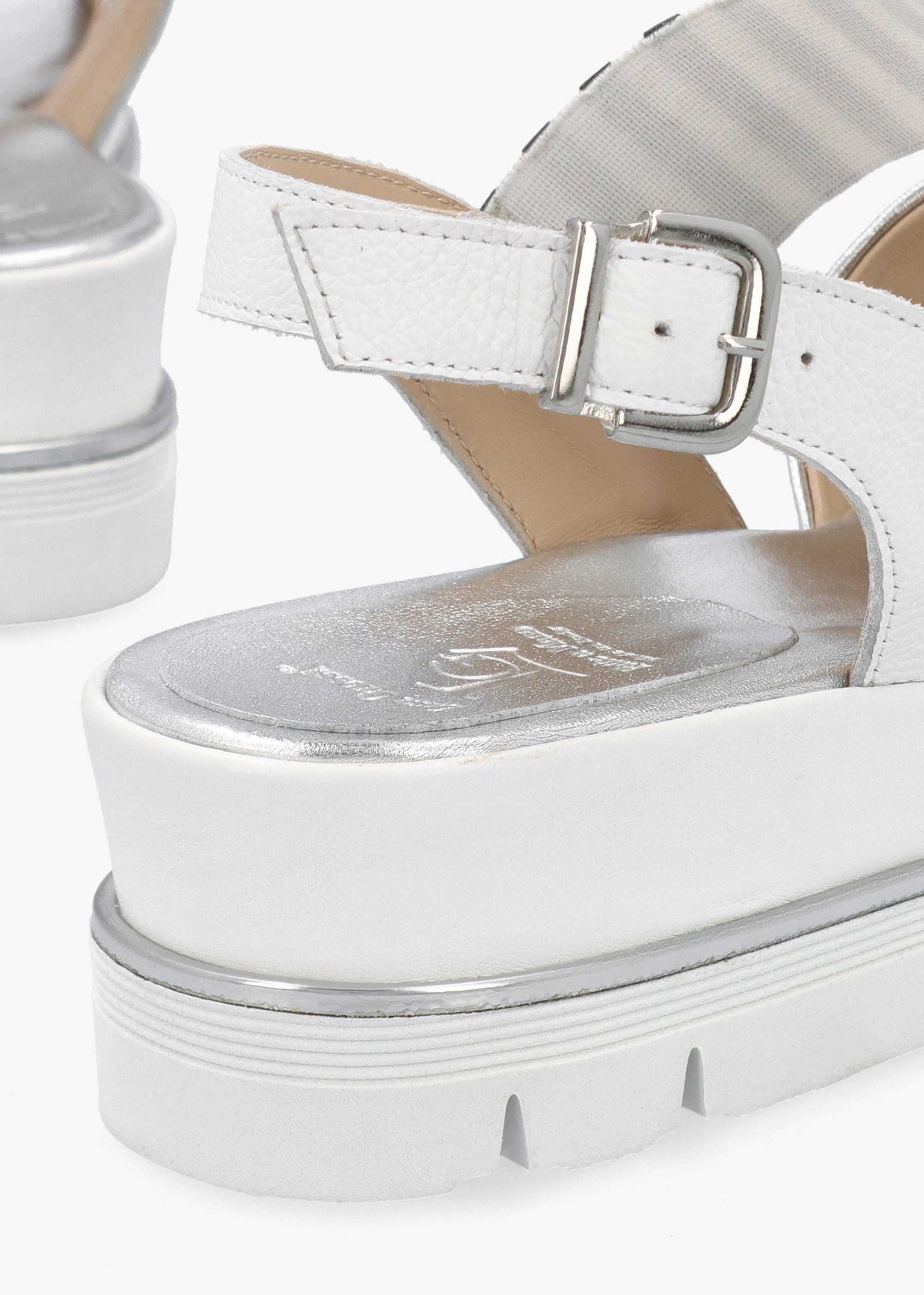 White Leather Metallic Strap Low Wedge Sandals