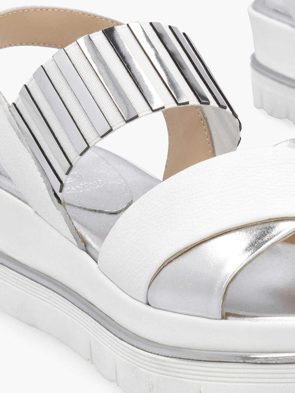 White Leather Metallic Strap Low Wedge Sandals
