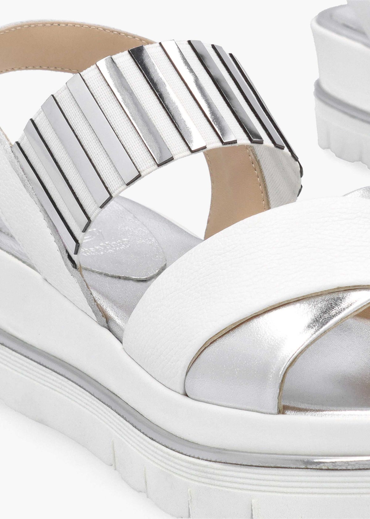 White Leather Metallic Strap Low Wedge Sandals