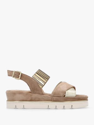 Beige Suede Metallic Strap Low Wedge Sandals