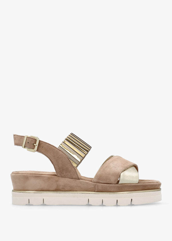 Beige Suede Metallic Strap Low Wedge Sandals