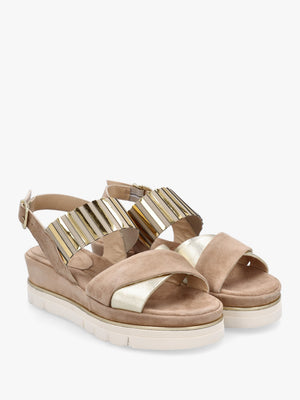 Beige Suede Metallic Strap Low Wedge Sandals