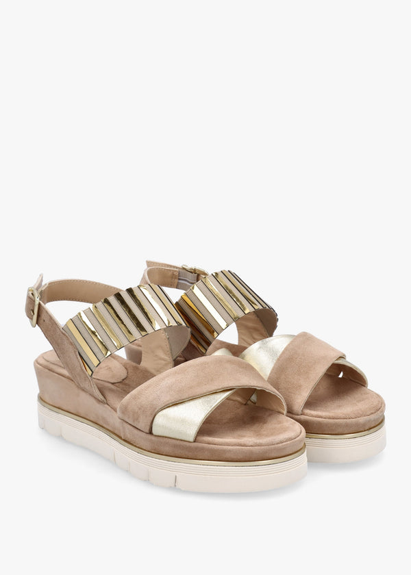 Beige Suede Metallic Strap Low Wedge Sandals