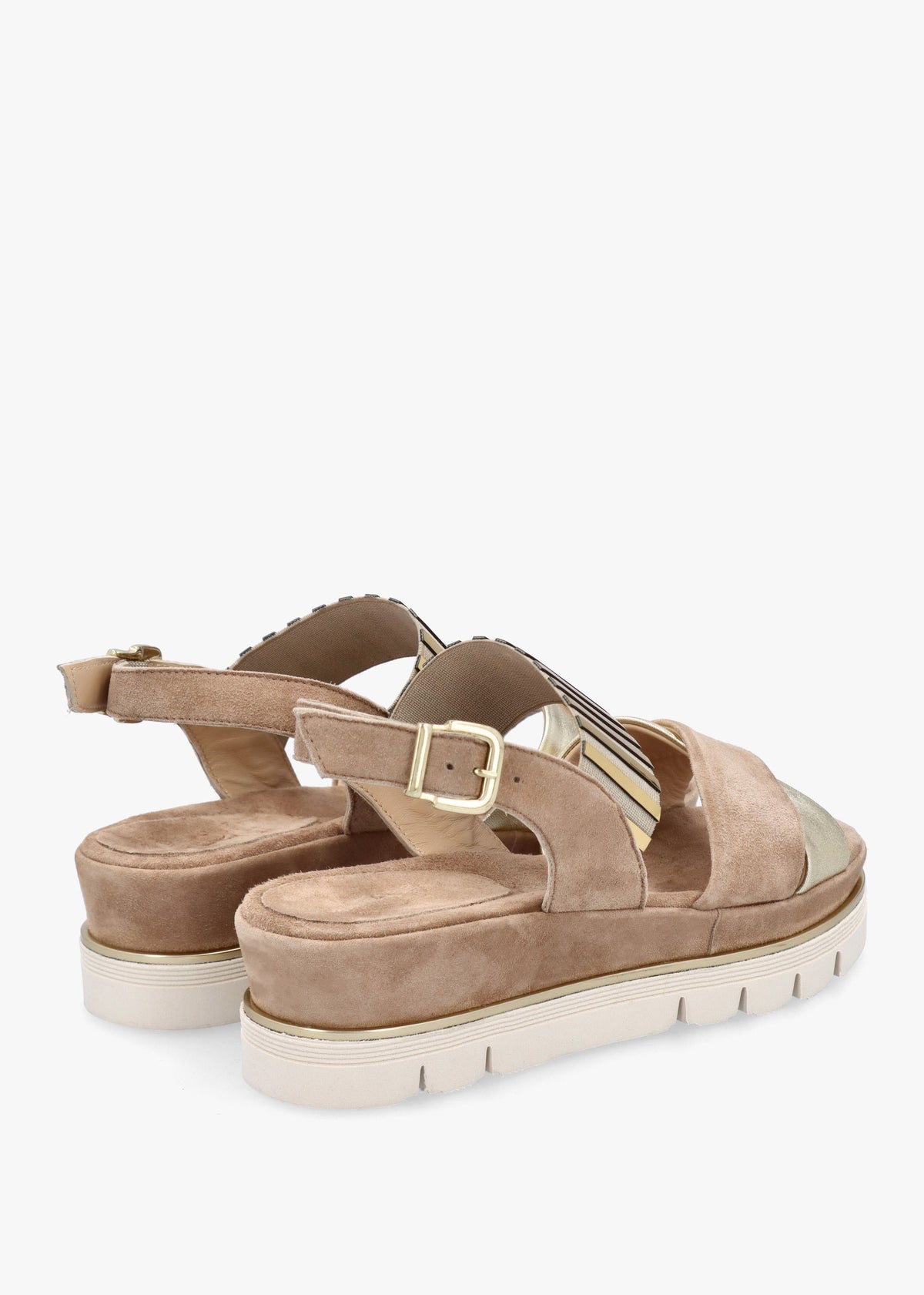 Beige Suede Metallic Strap Low Wedge Sandals