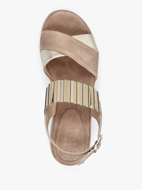 Beige Suede Metallic Strap Low Wedge Sandals