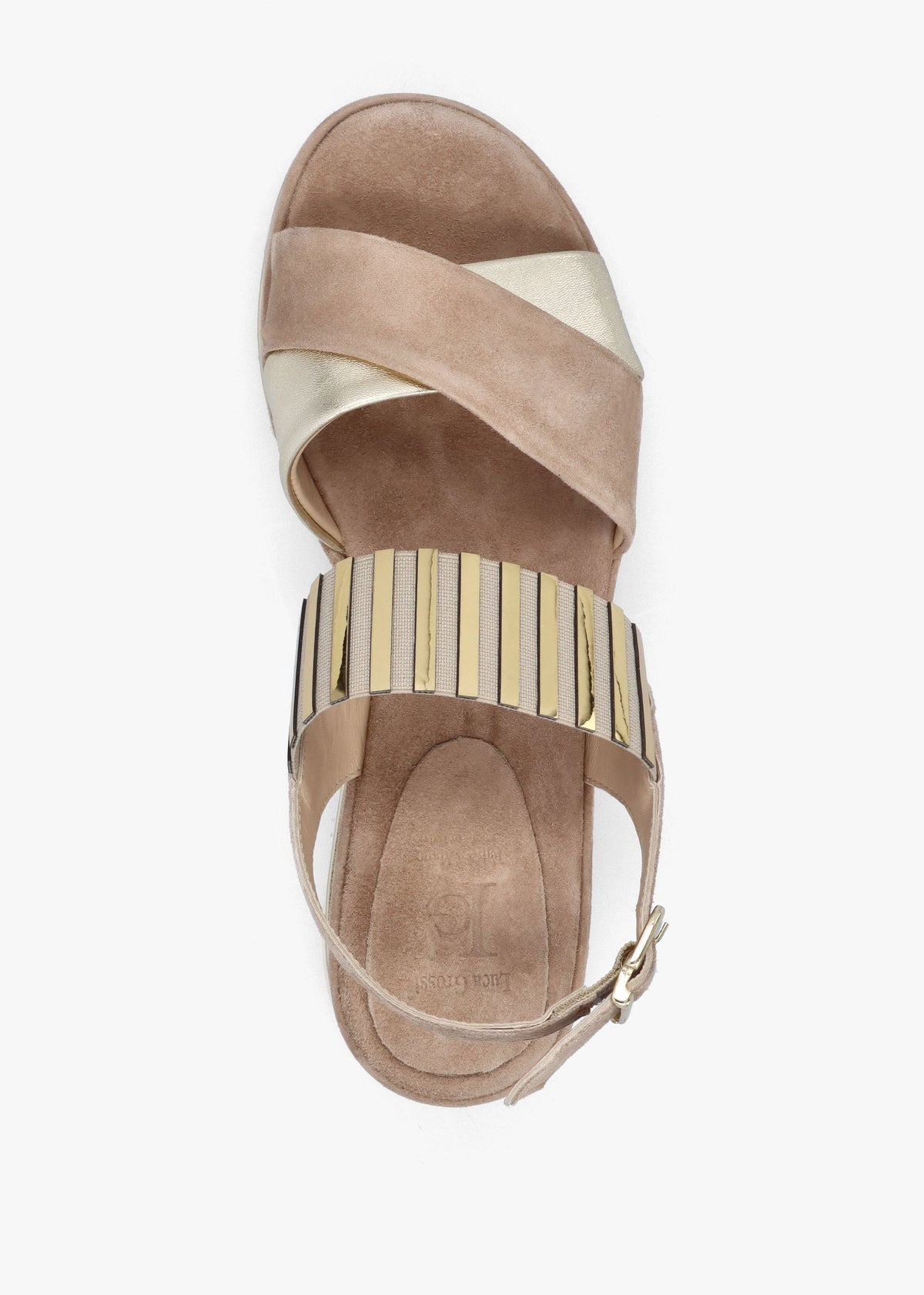 Beige Suede Metallic Strap Low Wedge Sandals