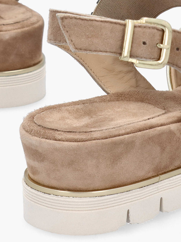 Beige Suede Metallic Strap Low Wedge Sandals