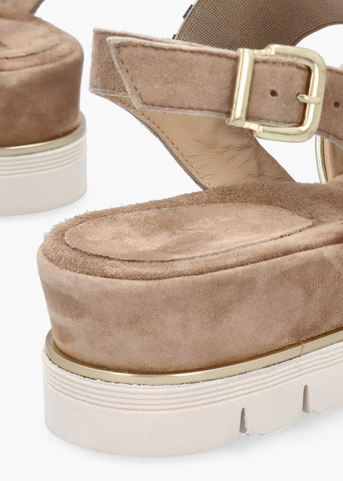 Beige Suede Metallic Strap Low Wedge Sandals