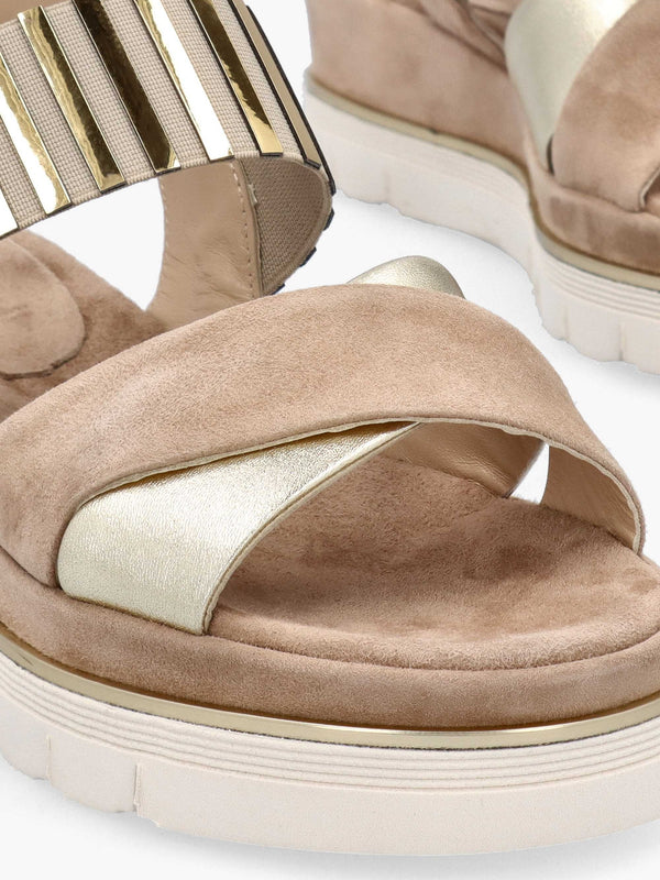 Beige Suede Metallic Strap Low Wedge Sandals