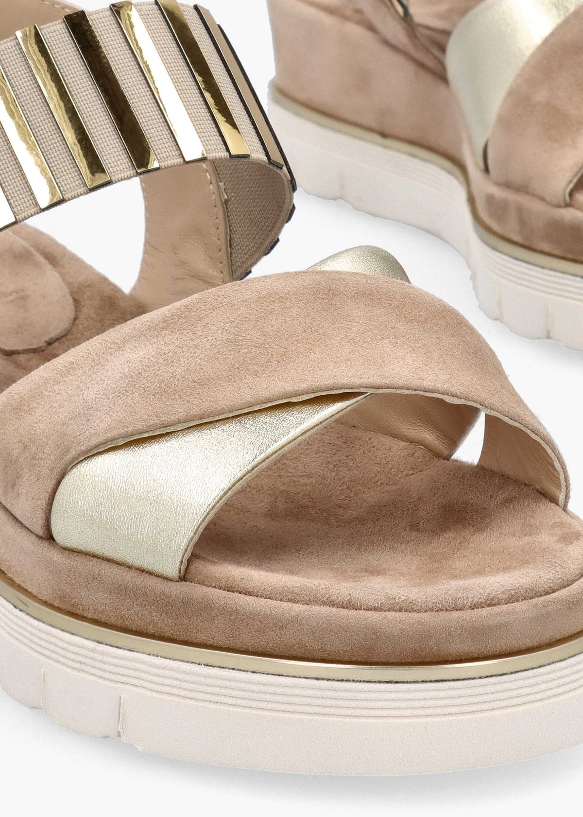 Beige Suede Metallic Strap Low Wedge Sandals