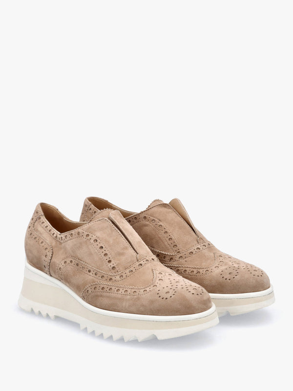 Taupe Suede Slip On Slab Sole Brogues